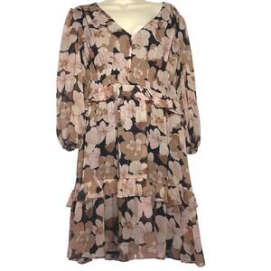 Maison Tara Dress tan Floral Ruffle, 3/4 Sleeve, Elastic Waist women sz 10